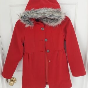 Red Hooded Kids Coat with Faux Fur Trim